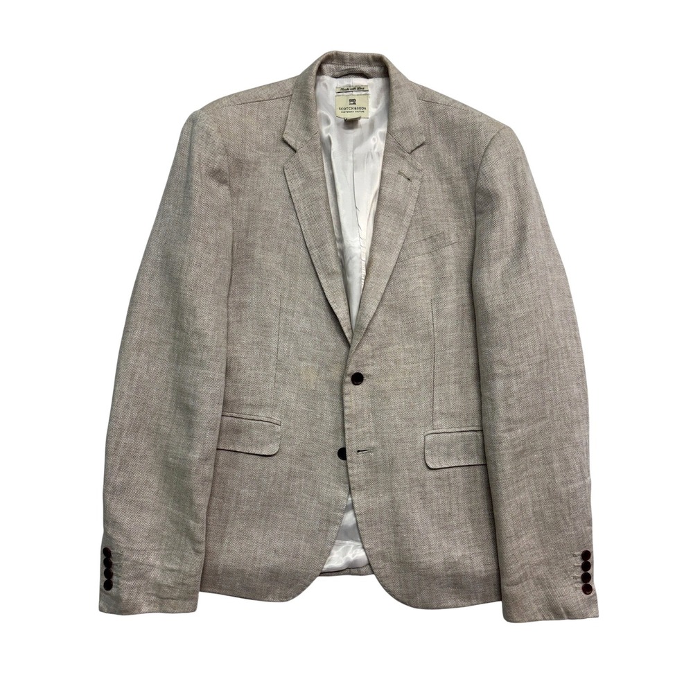 Scotch Soda 50 US 40L Beige Herringbone 100% Linen Blazer Jacket Sport Suit Coat